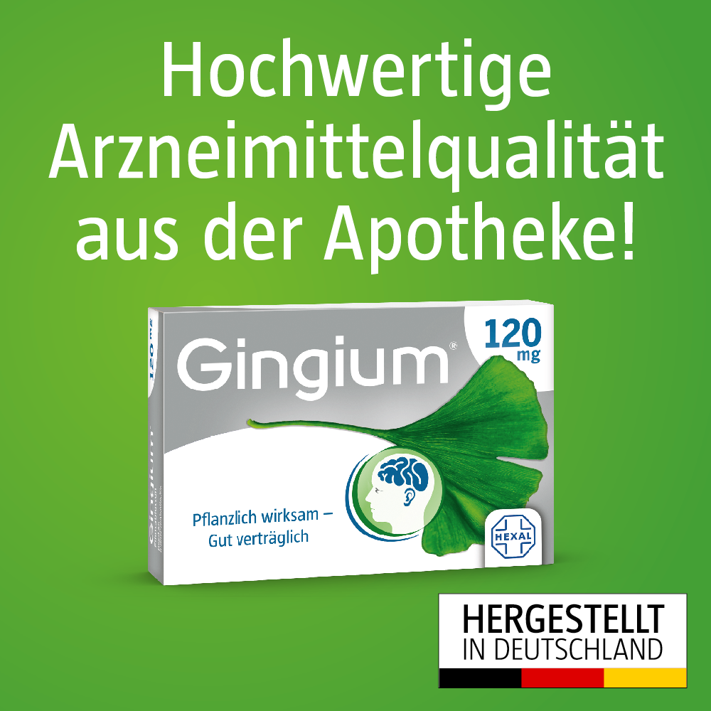 Gingium® 120 mg Packung. Enthält 30 Filmtabletten. Ginkgo-biloba-Blätter-Trockenextrakt. Hergestellt in Deutschland.